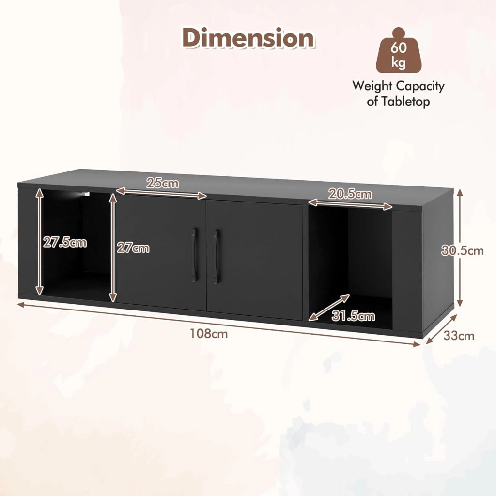Mobile per TV sospeso con armadio, armadio con ante e ripiani aperti, supporto da parete, armadio da bagno, moderno, per soggiorno, camera da letto, ufficio, 108 x 33 x 30,5 cm (nero)