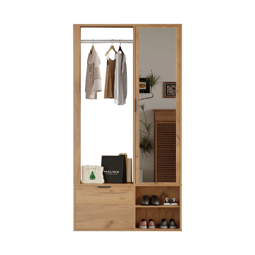 Mobile Ingresso con Specchio Guardaroba in Legno Naturale 100 cm