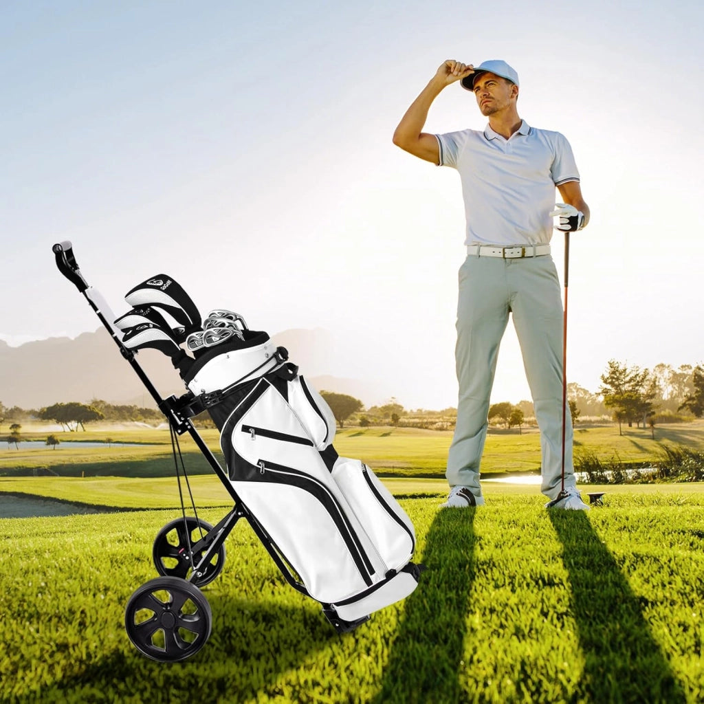 Carrello da Golf Pieghevole con 2 Ruote, Carrello da Golf in Ferro con Tabellone Segnapunti, 140 x 63,5 x 113 cm, Nero(Nero)