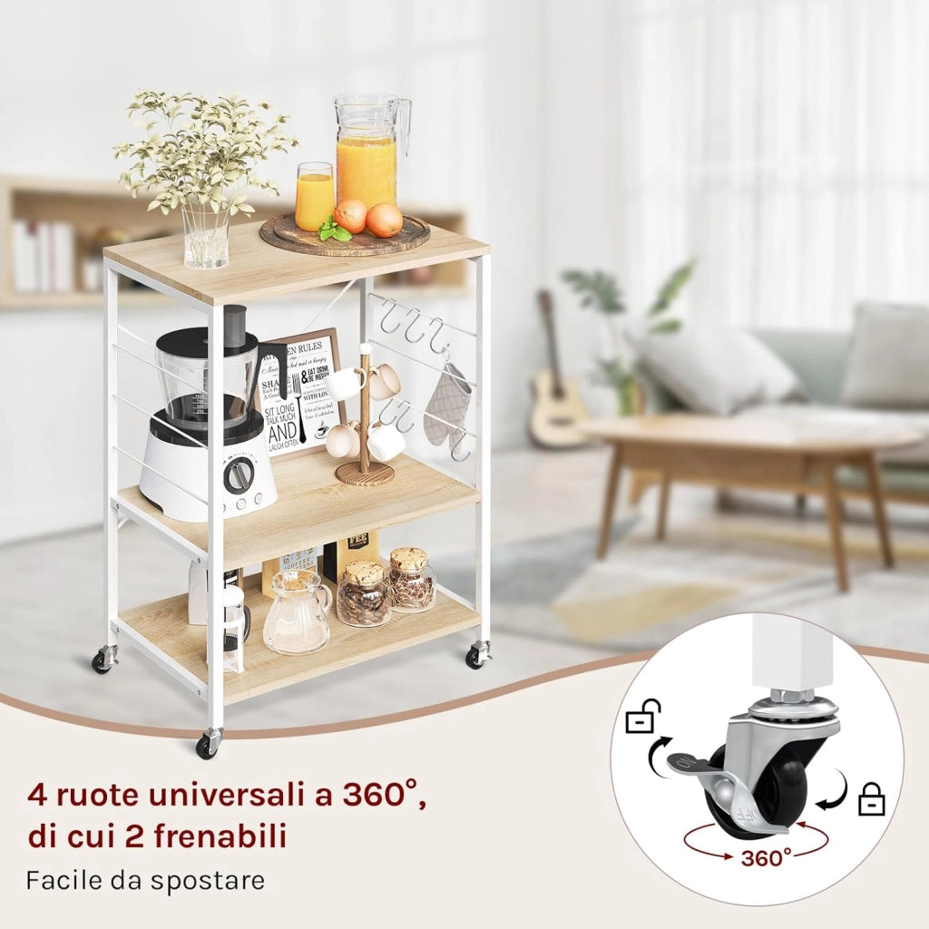 Scaffale da Cucina con Ruote, Carrello Cucina a 3 Livelli, Scaffale per Microonde con 4 Ganci, Carrello da Bar con Struttura in Metallo, Bianco + Effetto Legno, 60x40x82,5 cm