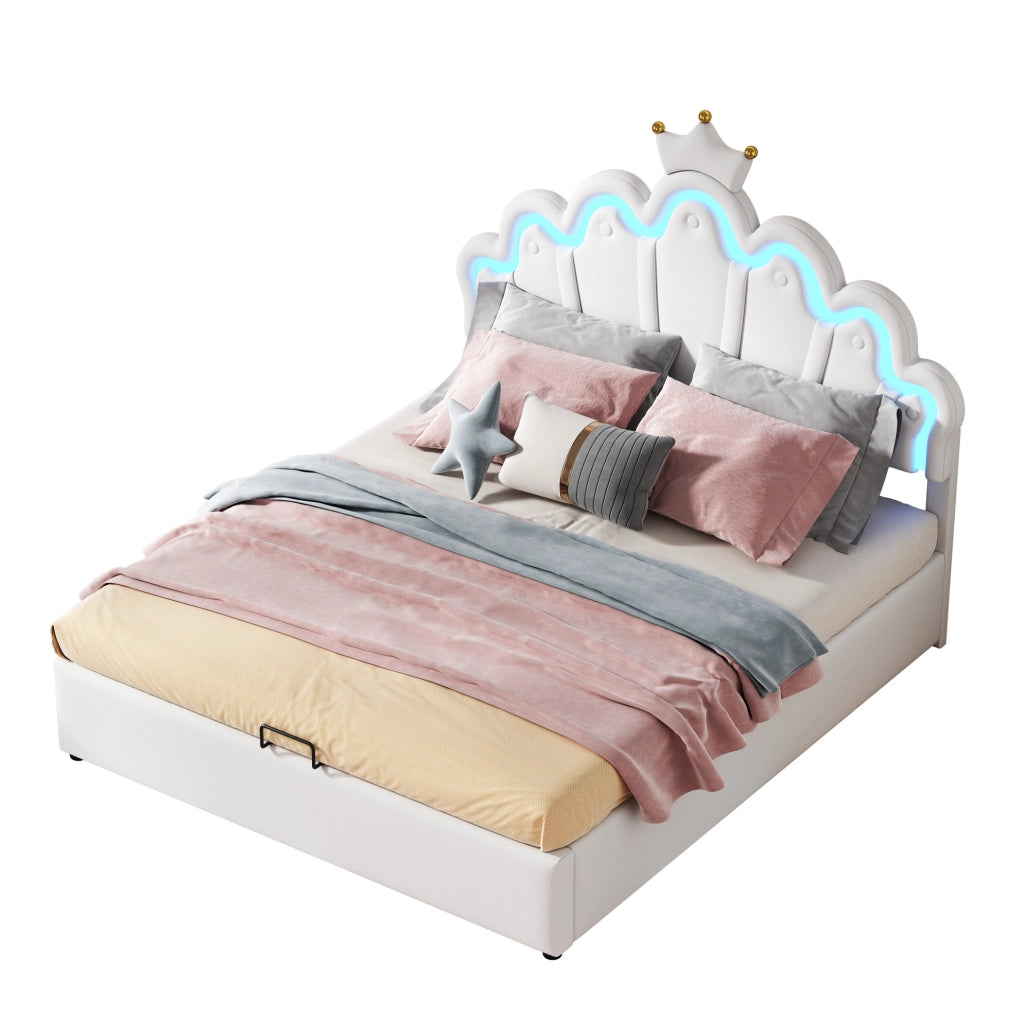 Letto imbottito 140x200 cm con LED e contenitore; PU; bianco