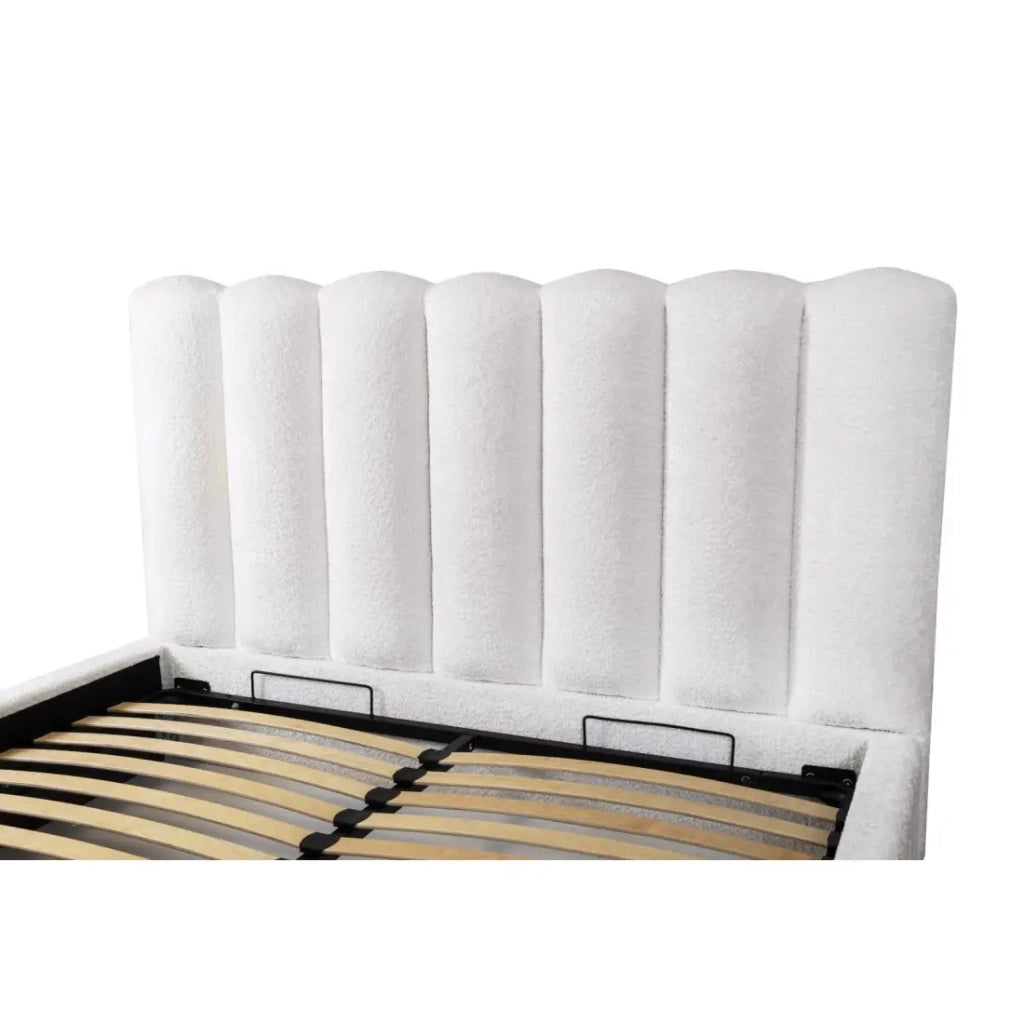 Letto contenitore BADJA – Tessuto bouclé Perla di lino – 180x200 cm – Rete sollevabile – Design di alta gamma
