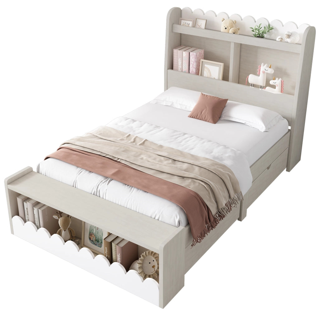 Letto singolo 90x200 cm in legno con 2 cassetti, ripiani e seduta contenitore, bianco e effetto rovere, con rete a doghe
