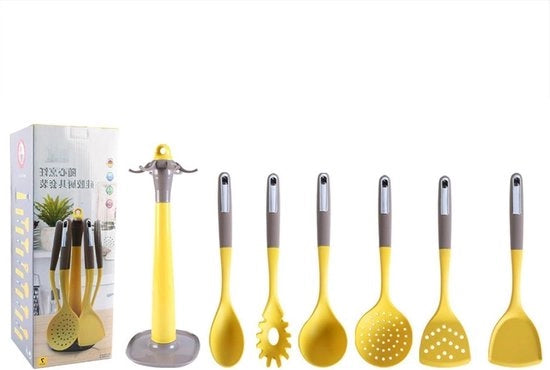Set di Utensili da Cucina in Silicone di Classe Alimentare - Senza BPA 8-Pezzi - Accessori per la Casa - Cucchiaio di Spuma - Ladello con Lingua - Pennello - Spatola - Giallo 6 Pezzi