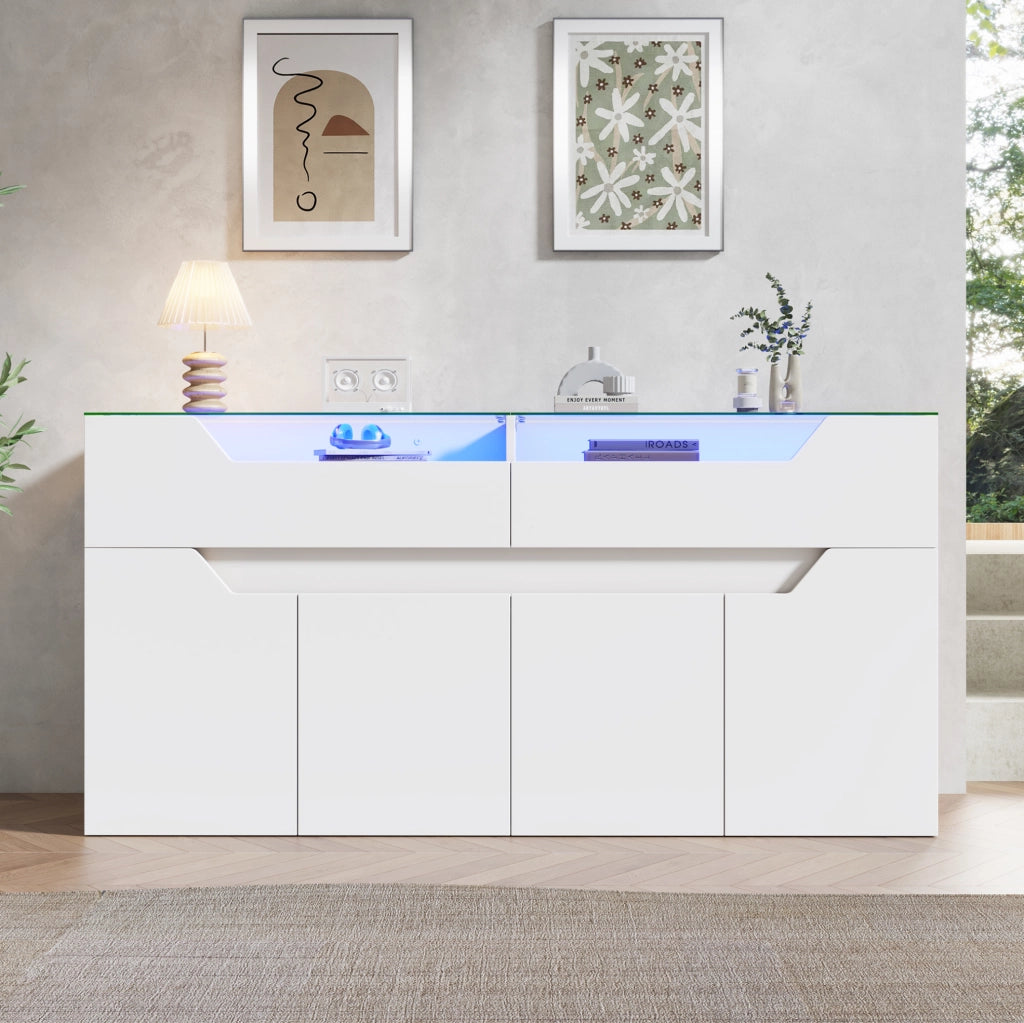 Credenza bianca 140x40x70 cm in MDF con piano in vetro e LED