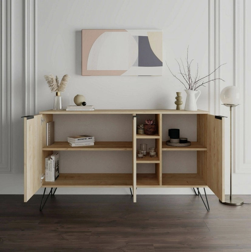 Madia Moderna Credenza 142x83 cm con 3 Ante e Vani a Giorno Zaffiro di Quercia