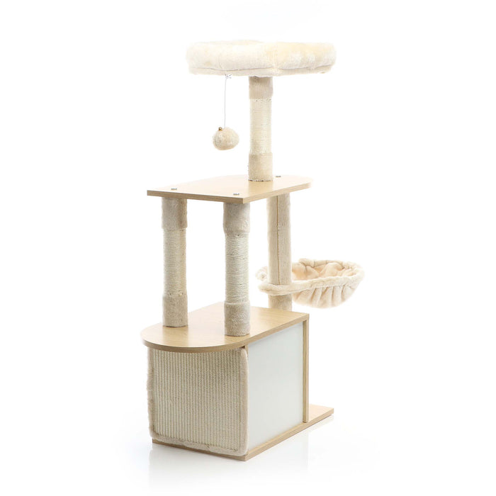 Fudajo Albero tiragraffi Legno beige 106cm Con casetta per gatti, colonne in sisal e cucce