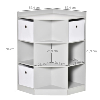 Scaffale angolare per bambini con 3 box contenitore, 9 scomparti, grigio, 57,4 x 57,4 x 94 cm