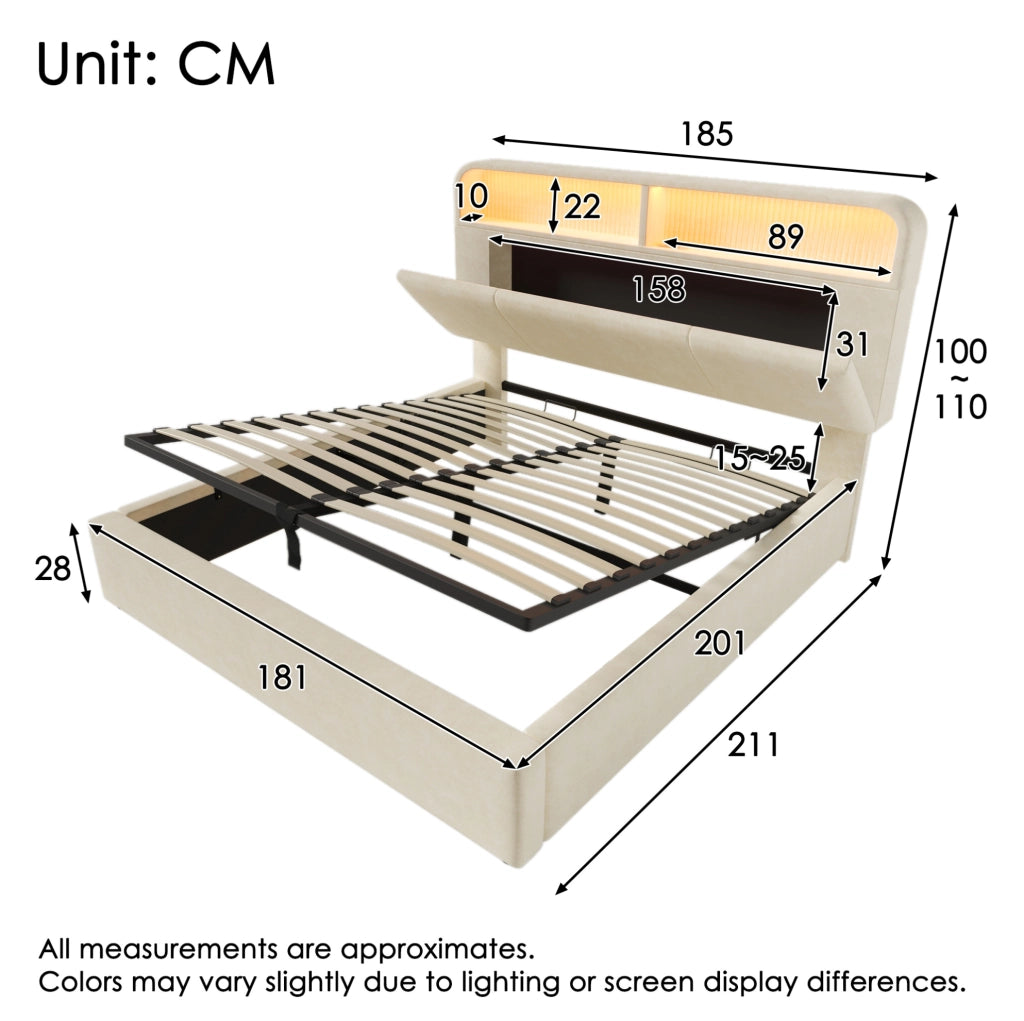 Letto matrimoniale 180x200 cm con contenitore; testiera regolabile; LED e USB/Type-C; beige in velluto