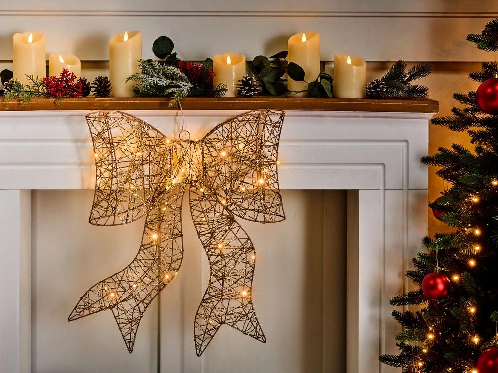 Fiocco di ferro dorato a LED Decorazione natalizia da 56 cm illuminata con 40 lampadine a LED