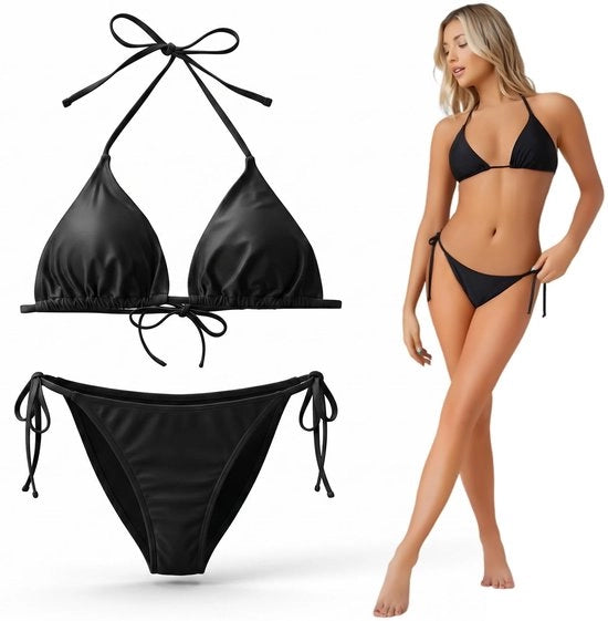 Bikini per donna con cinturino regolabile - Cassetta triangolare - Stile brasiliano - Misura 66-78 cm - Colore chiaro nero - Abbigliamento confortevole