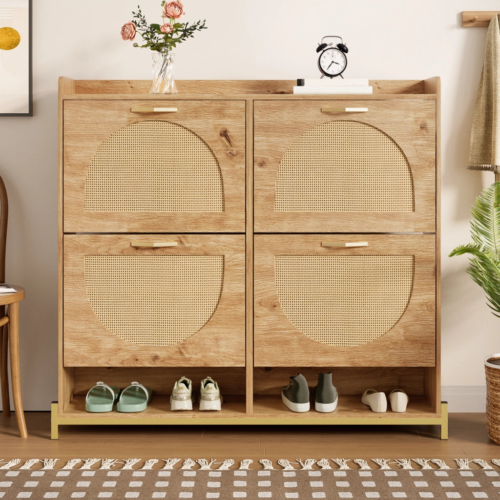 Mobile Scarpiera con 4 Ante e Ripiano Superiore; Salvaspazio; Stile Naturale; in MDF; 108;5×24×100 cm; Legno