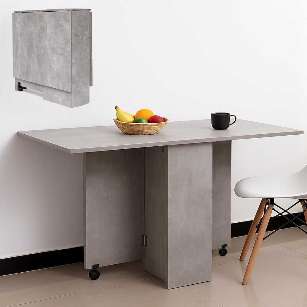 Tavolo da Pranzo Pieghevole Salvaspazio 140x75x74 cm Ante a Ribalta con Ruote Effetto Cemento