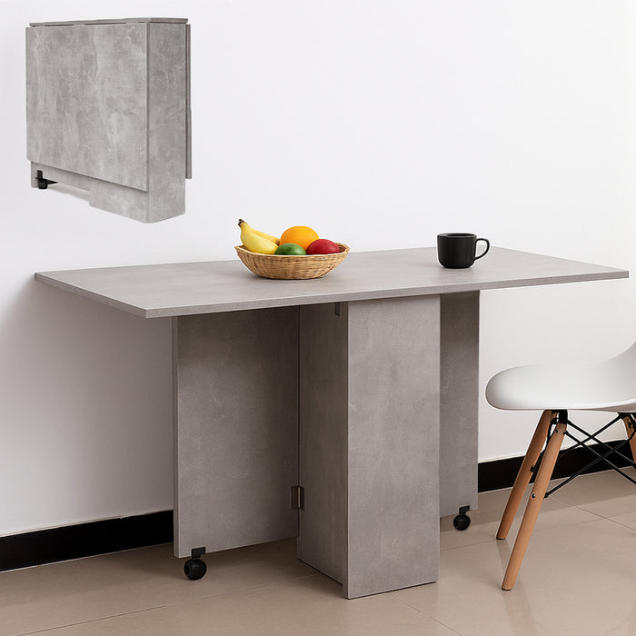 Tavolo da Pranzo Pieghevole Salvaspazio 140x75x74 cm Ante a Ribalta con Ruote Effetto Cemento