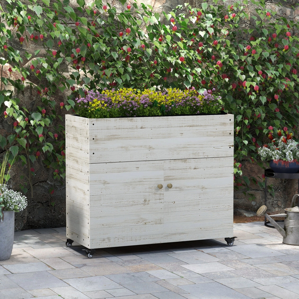 Fioriera rialzata in legno con vano contenitore e ruote 110x50x95 cm bianca