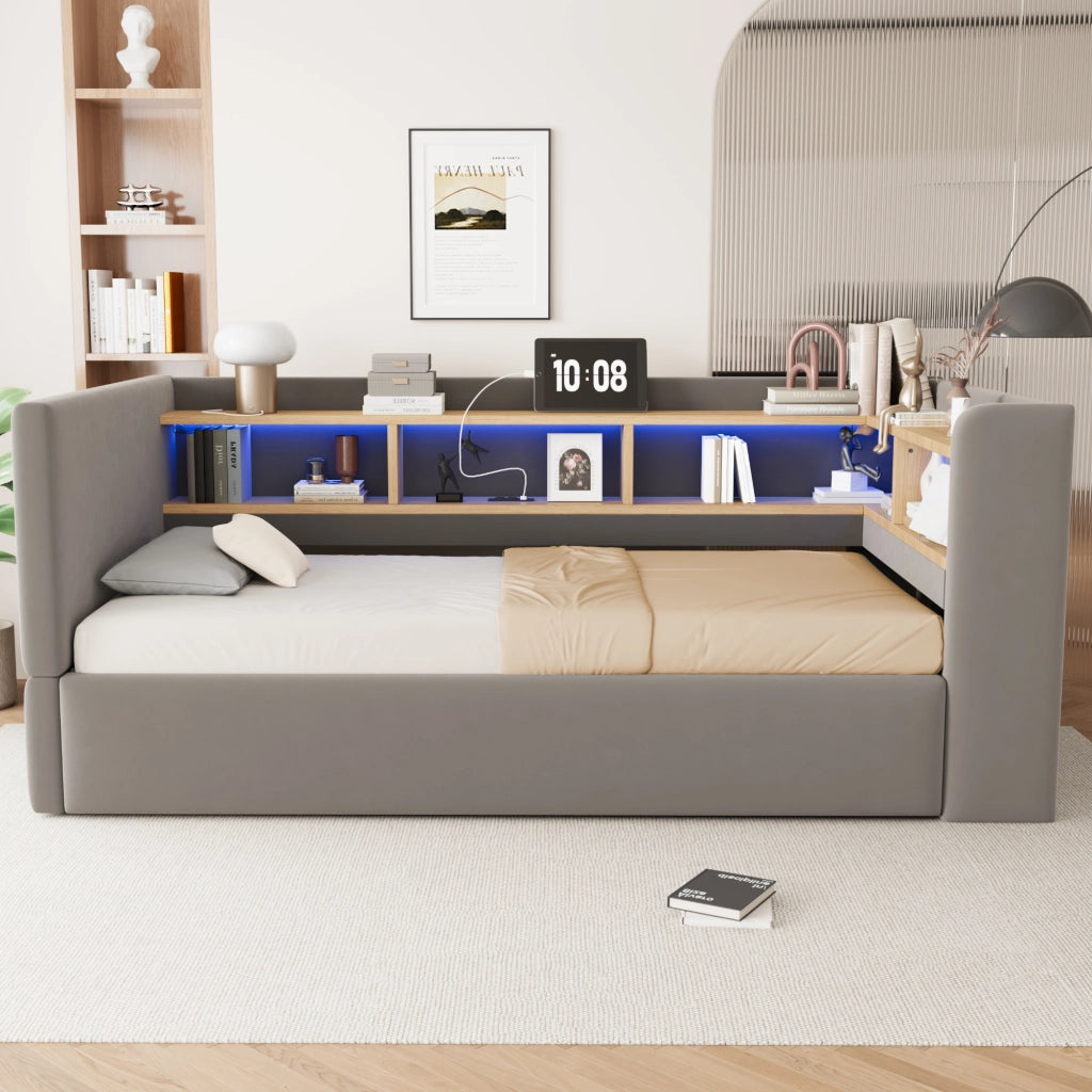 Divano letto imbottito 90x190 cm con vano contenitore idraulico, LED e prese, grigio scuro