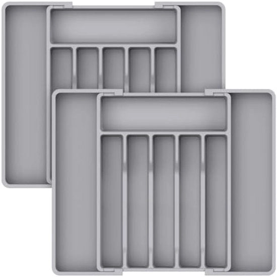 Organizzatore di cucina espandibile, cassetta di conservazione per utensili, supporto per posizionamento di utensili flessibile, contenitore di conservazione in plastica compatta per cucchiai, forchette e coltelli, set da 2, grigio