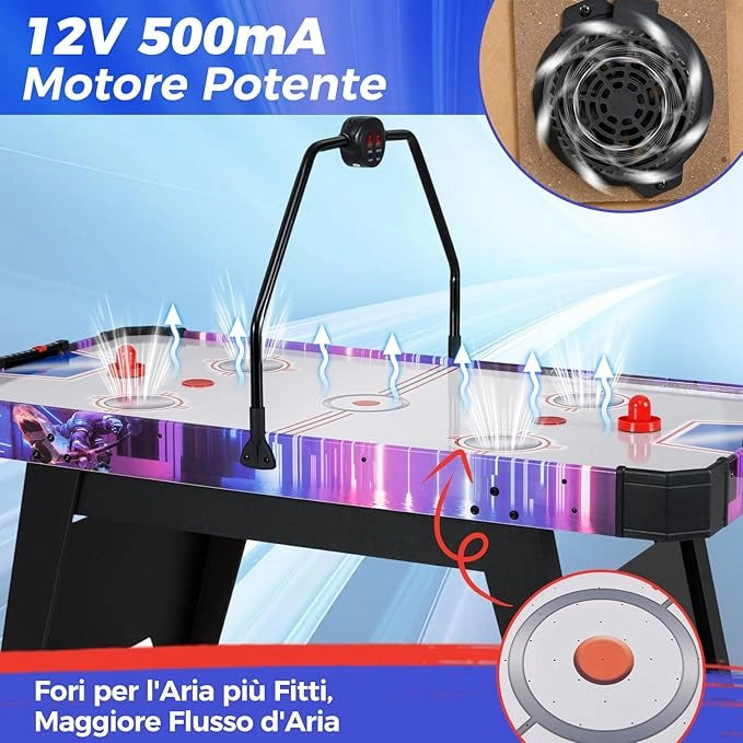 Tavolo Air Hockey, Tavolo da Gioco con Segnapunti Digitale LED 2 Spintori e 2 Dischi, 12V Potente Motore, per Casa Sala Giochi e Ufficio, 144 x 68 x 81 cm