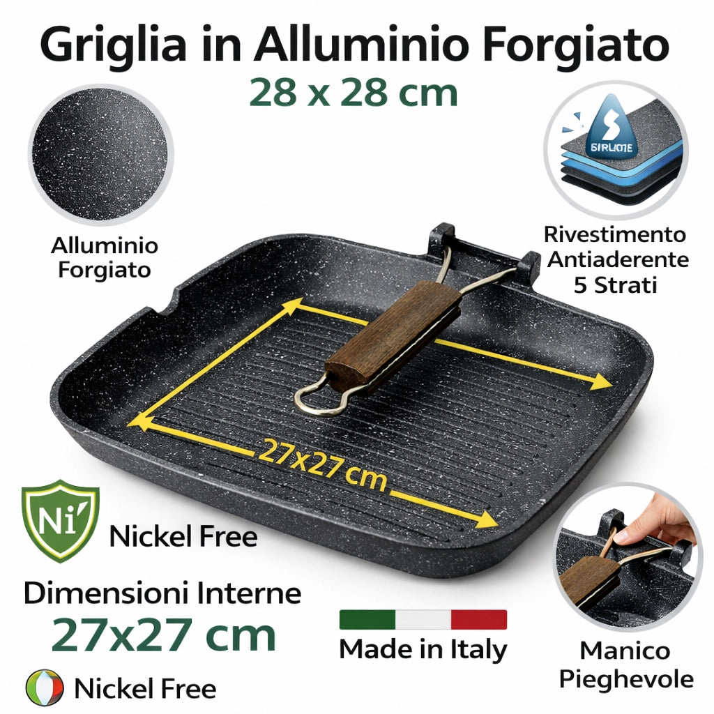 Bistecchiera 28x28 cm Antiaderente 5 Strati Pietra Manico Pieghevole Made in Italy
