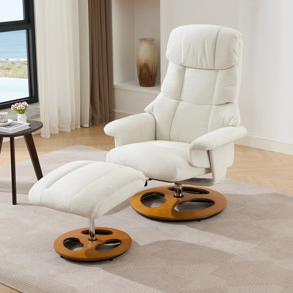 Poltrona relax girevole 360° con massaggio a 5 punti e funzione riscaldante con poggiapiedi e tasca in schiuma e chenille bianca