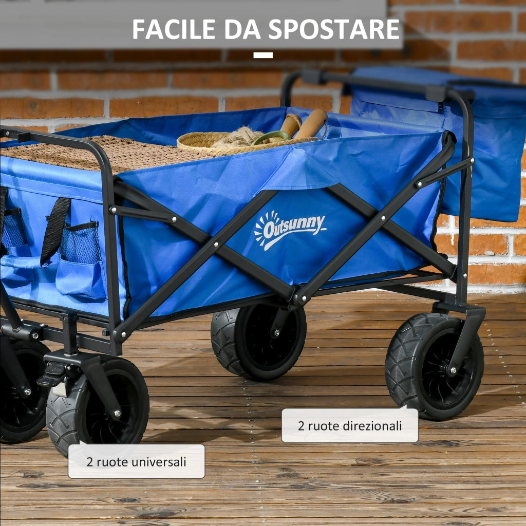 Carrello da Giardino 110L con Maniglia Telescopica e Borsa Termica da 15L in Acciaio e Tessuto, Blu