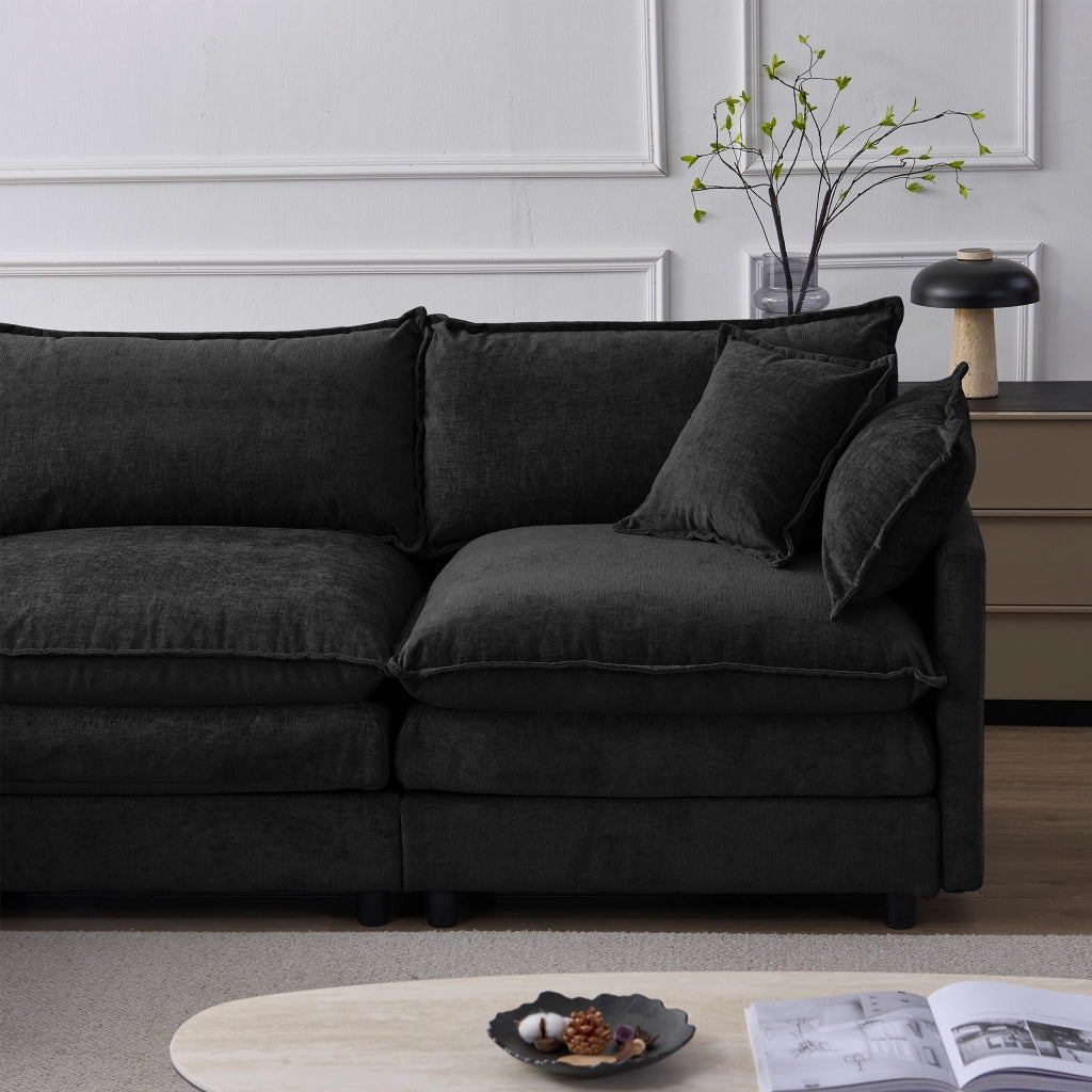 Divano angolare modulare 3 posti con pouf mobile e cuscini sfoderabili per soggiorno in chenille nero
