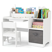 Set scrivania e sedia per bambini con mensole aperte e cassetto in tessuto, Tavolo da studio per bambini Bianco-Tavoli e sedie