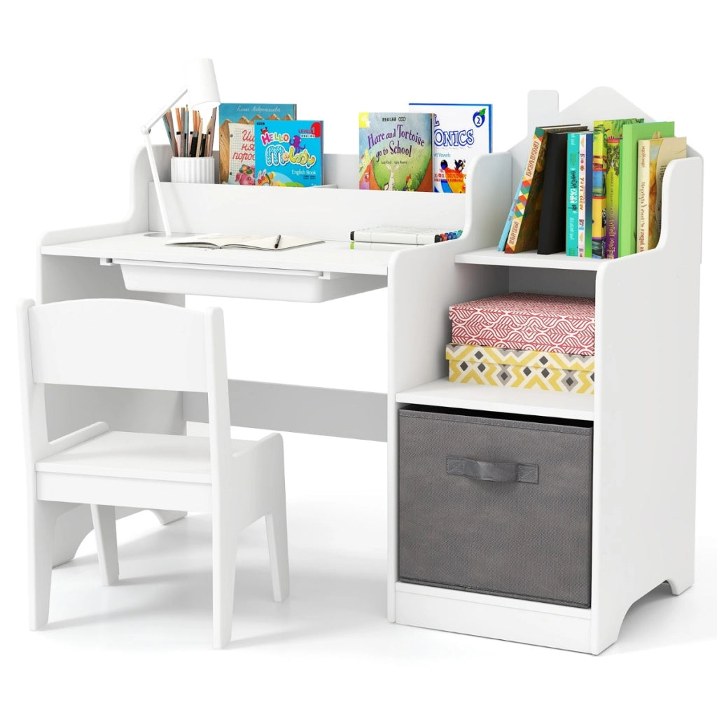 Set scrivania e sedia per bambini con mensole aperte e cassetto in tessuto, Tavolo da studio per bambini Bianco-Tavoli e sedie