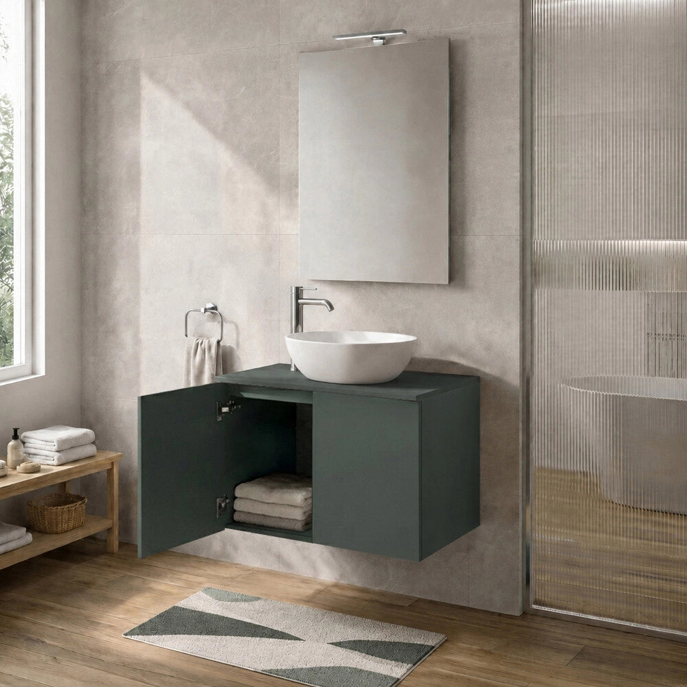 Mobile bagno sospeso 80 cm verde due cassetti push-pull e lavabo Tierra