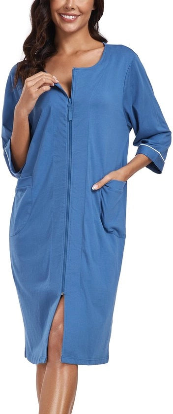 Badia da donna con cerniera, giacca da camera leggera, giacca da camera in cotone 100%, pigiami con maniche 3/4 e tasche (blu, S)