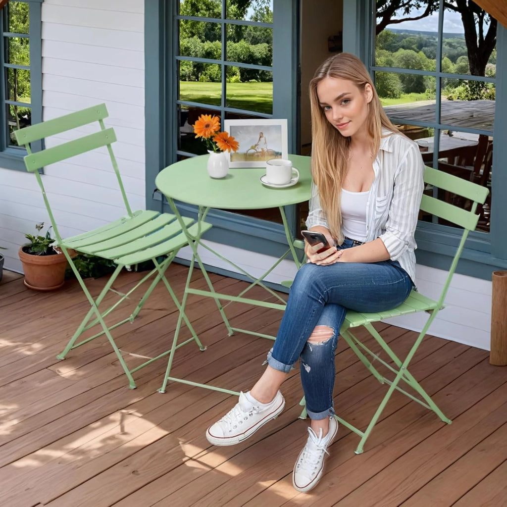 Set da Bistrot Pieghevole 3 Pezzi, Tavolo da Giardino Bistrot in Metallo, 1 Tavolo e 2 Sedie per Piccoli Balconi, Resistente alle Intemperie, per Balcone, Giardino e Terrazzo, Verde