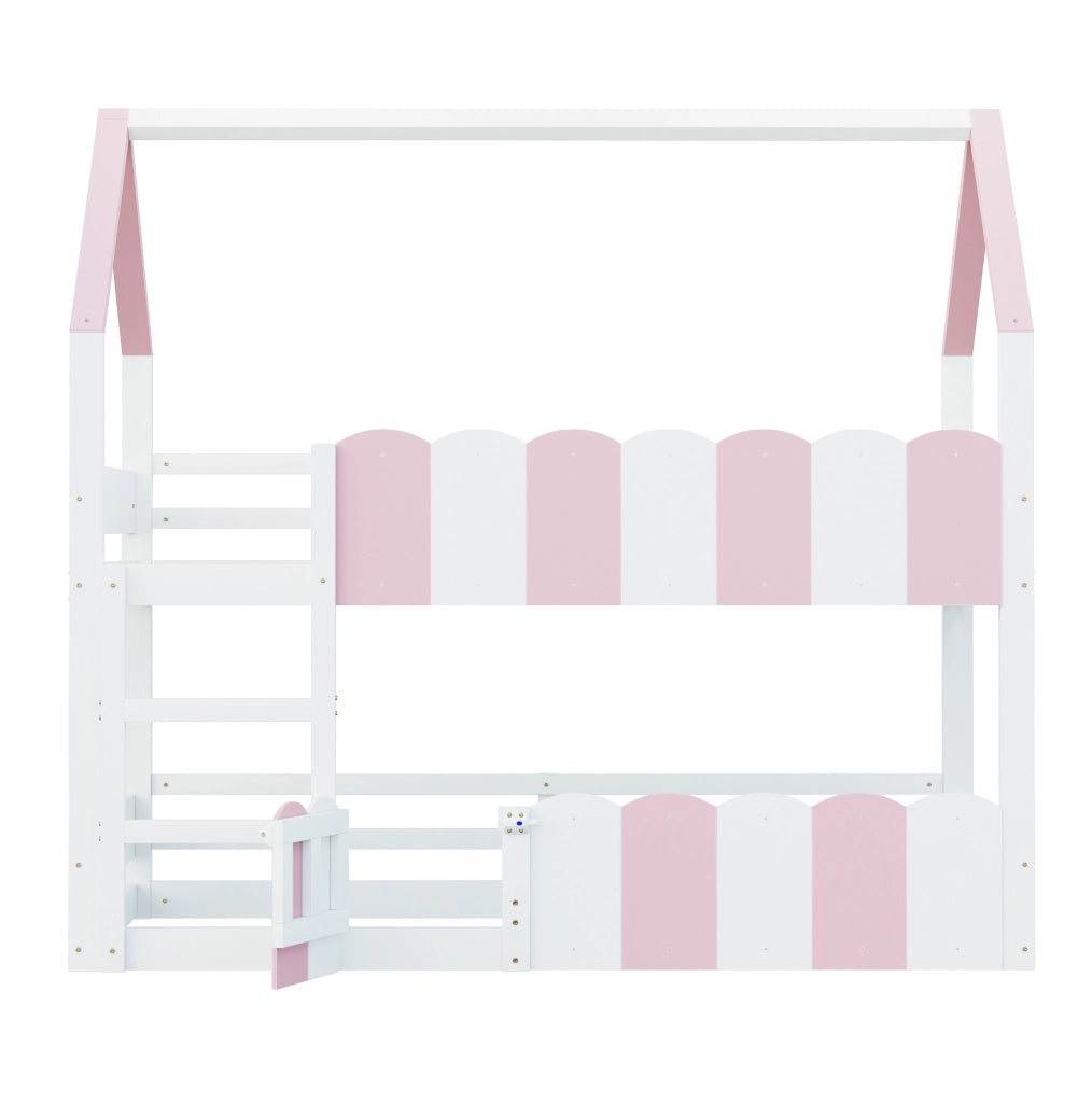Letto a castello ULEVR 90x200 cm a forma di casa con scala e sponde di sicurezza, rosa e bianco