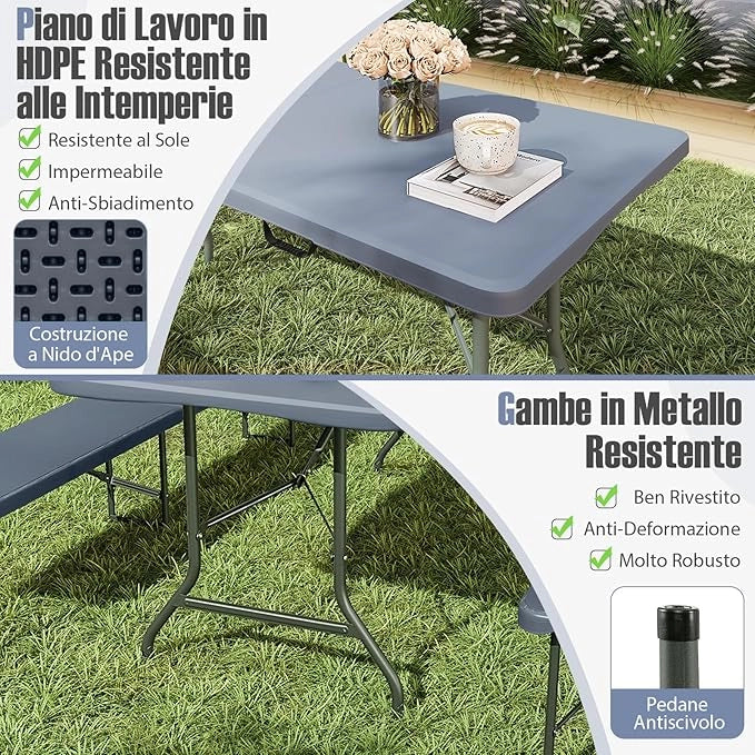 Tavolo Pieghevole Portatile da 180/245 cm, Tavolo da Campeggio in HDPE, Meccanismo di Blocco Sicuro, Tavolo da Picnic con Maniglia, Portata 160 kg (180 cm,Grigio)