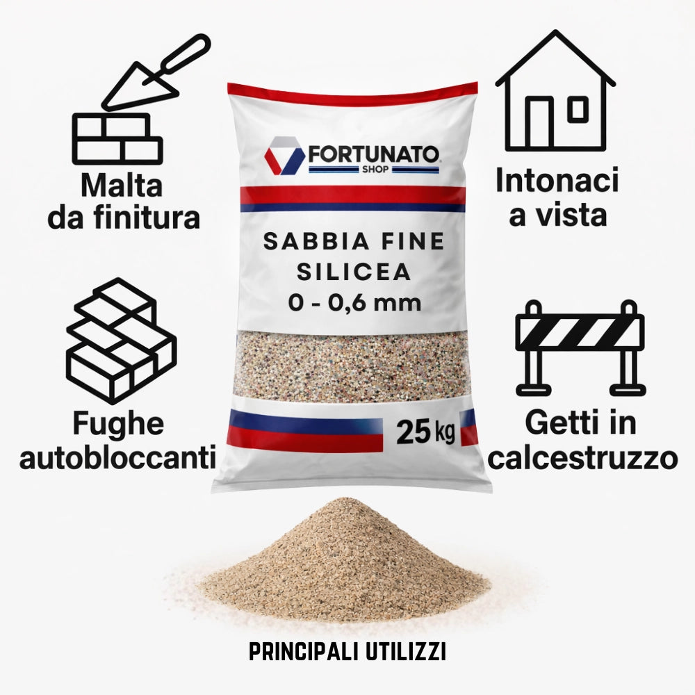 Sabbia silicea fine granulometria 0-0,6 mm finitura superfici sacco kg 25