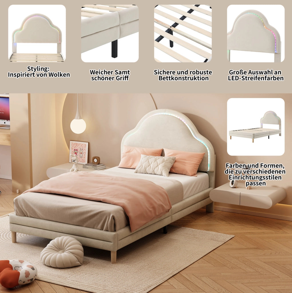 Letto singolo imbottito beige con LED, 90x200 cm