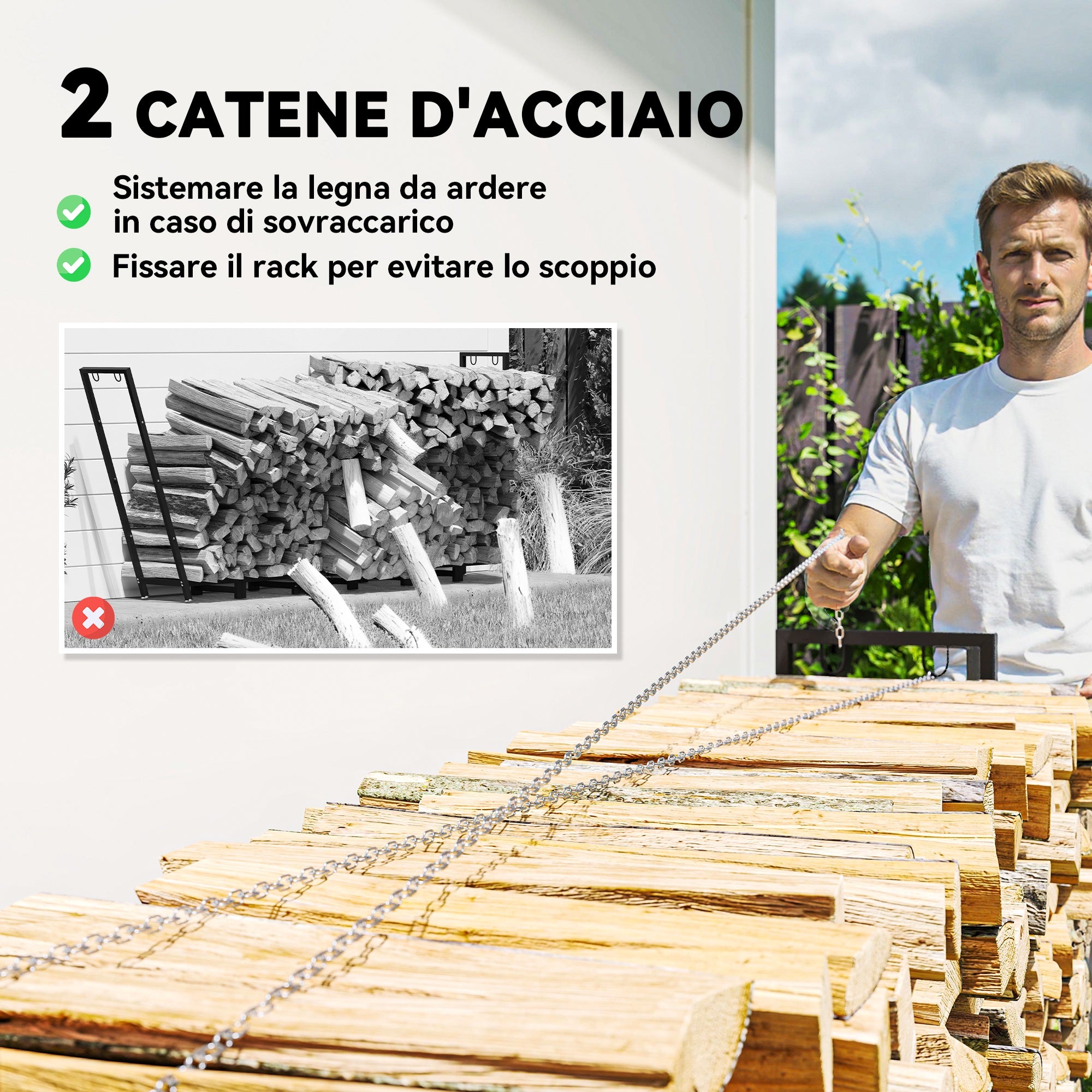 Legnaia Regolabile 235x31x116 cm con Telo Impermeabile e Catene in Acciaio Nero