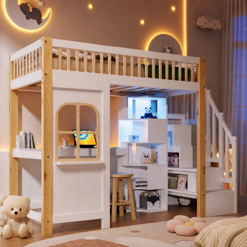 DESMIU Letto a Soppalco 1 Posto con LED, Scrivania, Scala Contenitore e Ripiani 90 × 200 cm, Senza Materasso