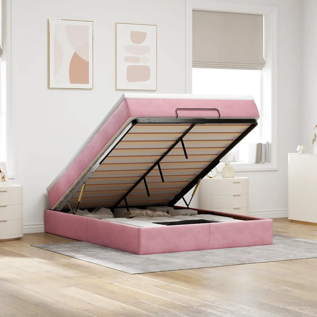 Struttura Letto Pouf con Materasso Rosa 140x190 cm in Velluto 3311188