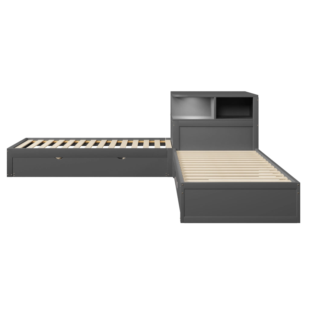 Letto combinato 90 × 200 cm con letto estraibile, contenitore con ante scorrevoli e luce LED, senza materasso, in pino, grigio