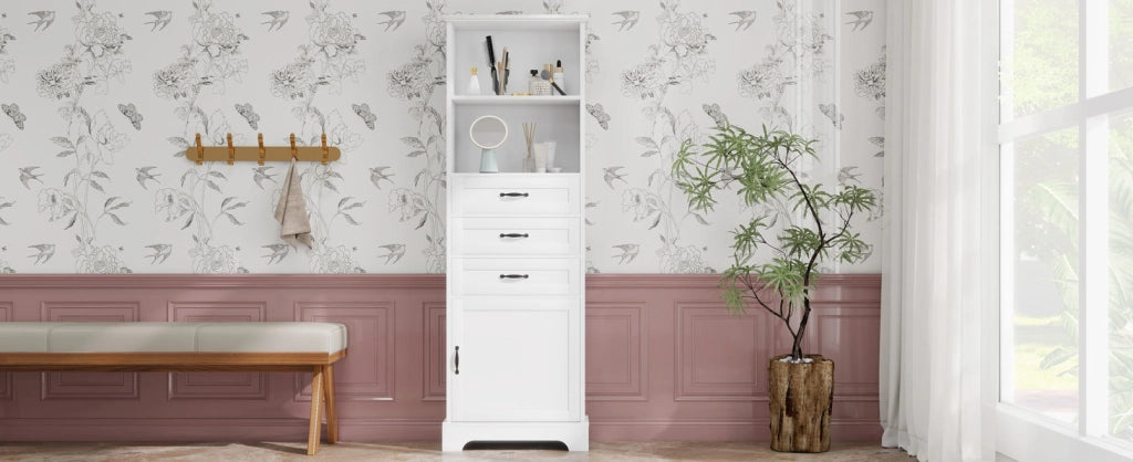 Armadio bagno bianco 56x25,6x167 cm con 3 cassetti, ripiani regolabili e design moderno