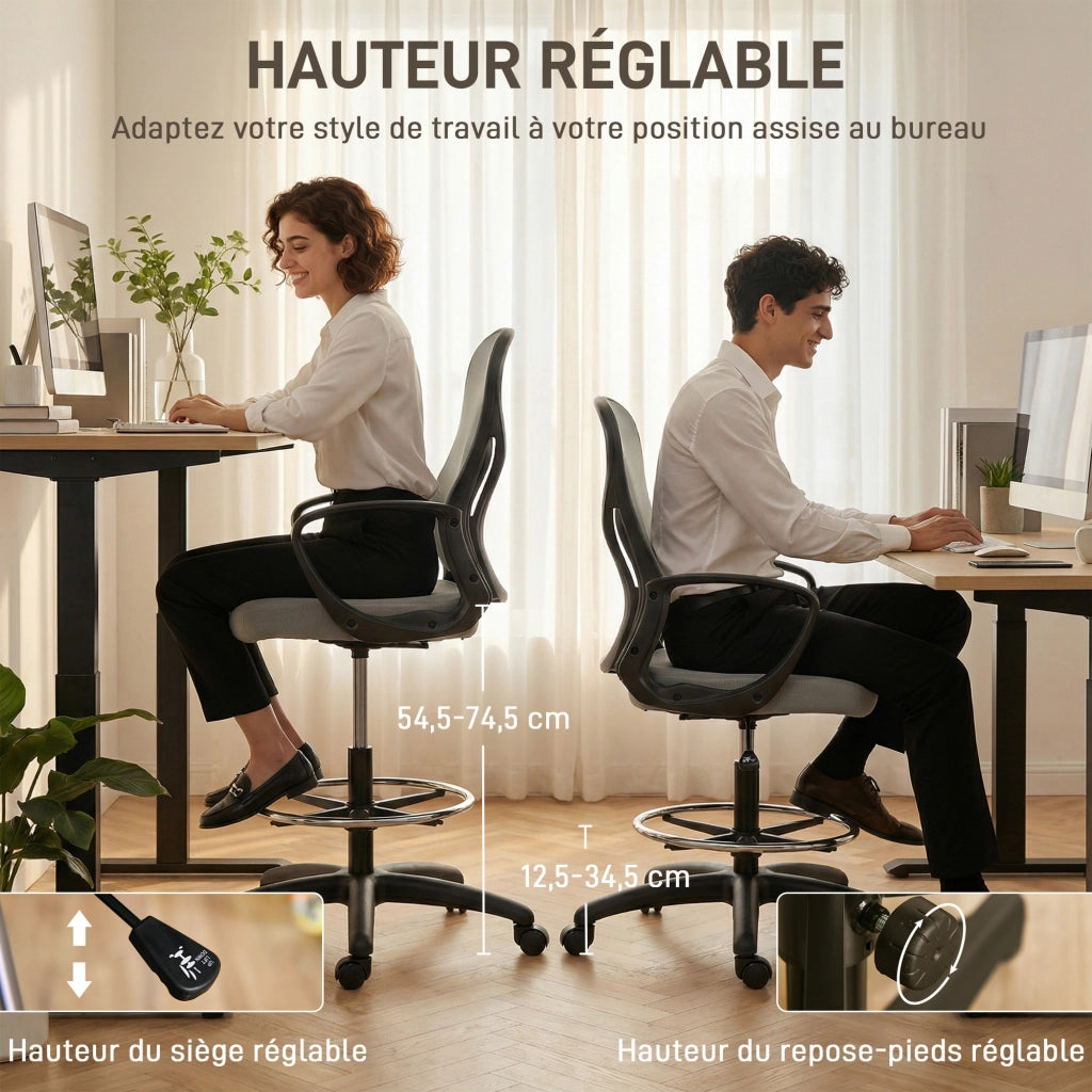 Poltrona ergonomica da ufficio con poggiapiedi e braccioli ¨C zephmum ¨C Grigio, rete, 59x65x123 cm