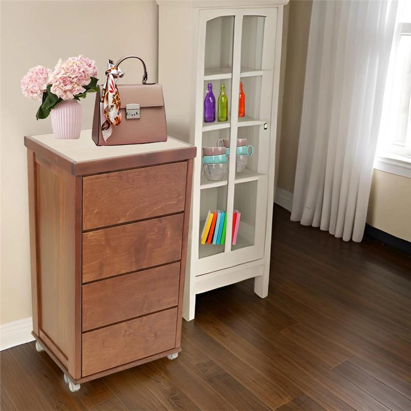 CASSETTIERA PRESTIGE NOCE IN FAGGIO MASSELLO 4 CASSETTI CON GUIDE METALLICHE TOP IN CERAMICA RUOTE IN PLASTICA GOMMATA PIROETTANTI