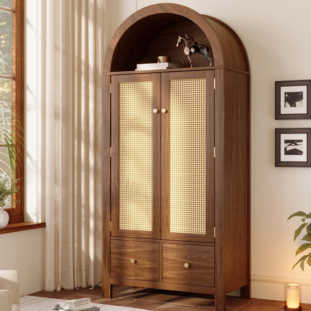 ARMADIO ad arco 181x78x45 cm in effetto noce con intreccio rattan e 2 cassetti
