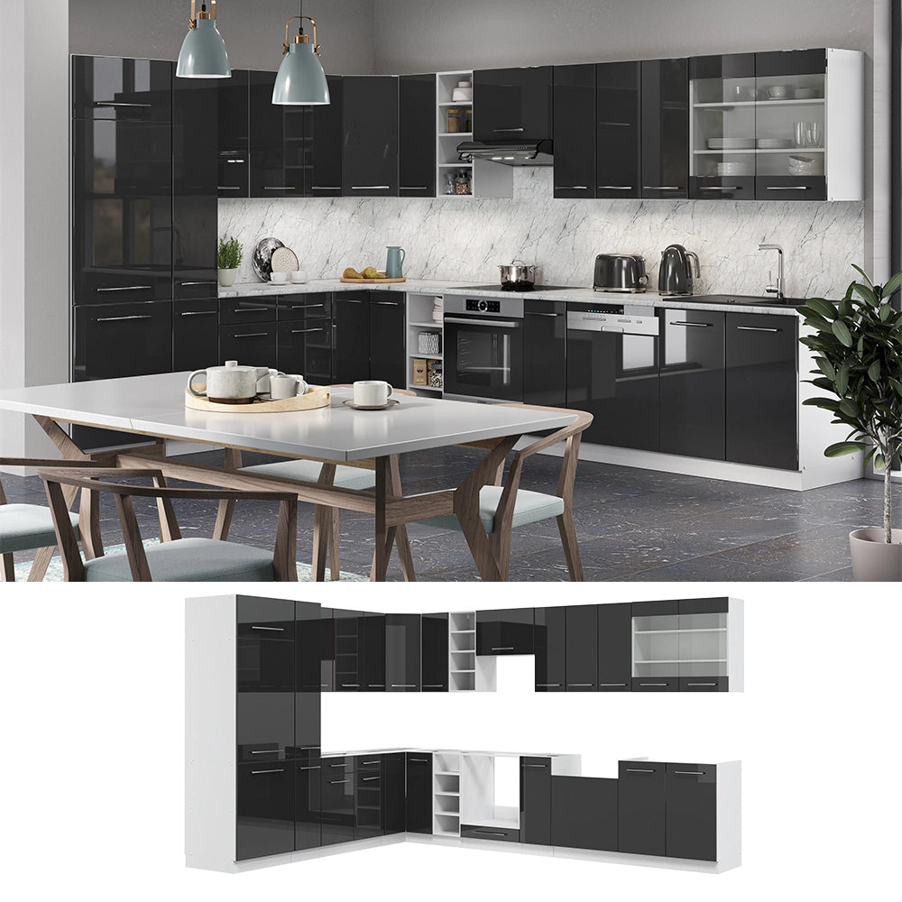 Vicco Cucina angolare completa Antracite lucido/bianco 347 x 257 cm senza piano di lavoro