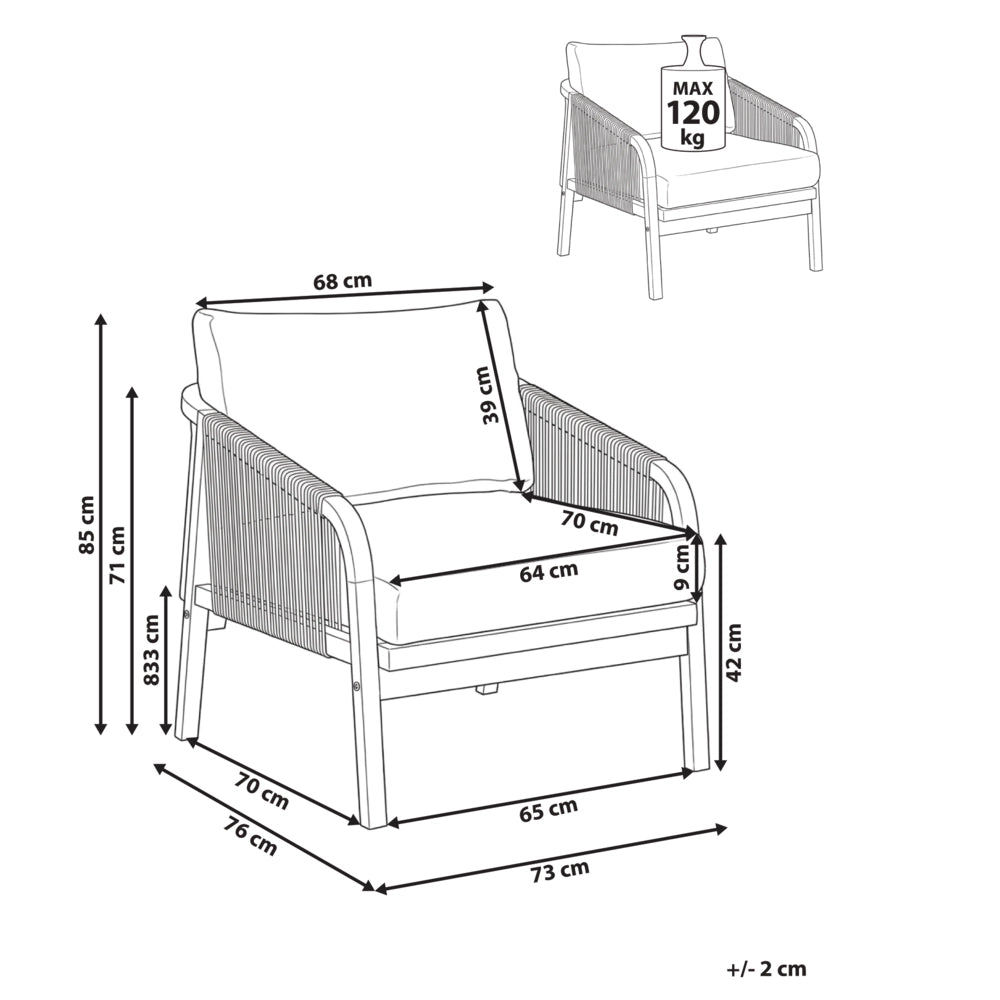 Sedia da giardino in legno di acacia chiaro con cuscini beige chiaro e braccioli, stile rustico moderno