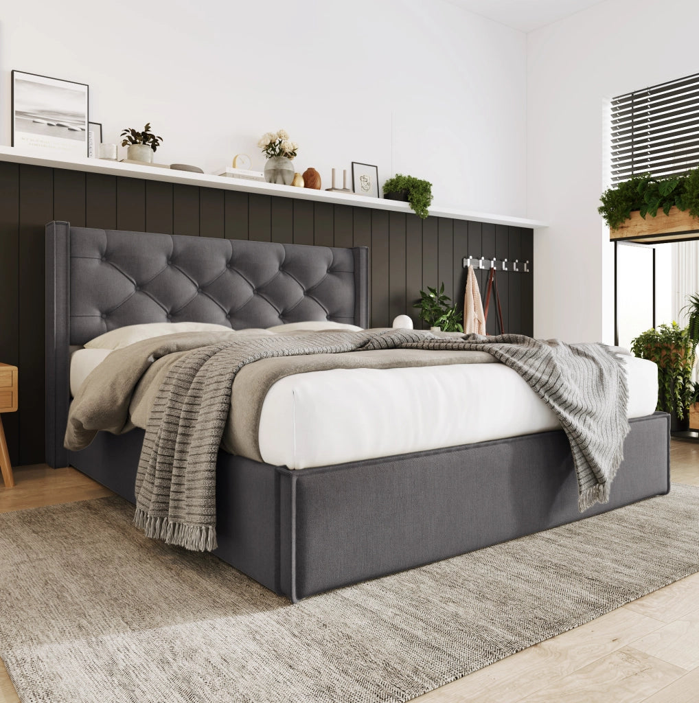 Letto imbottito 140x200 cm con contenitore; rete sollevabile e testiera in cotone grigio