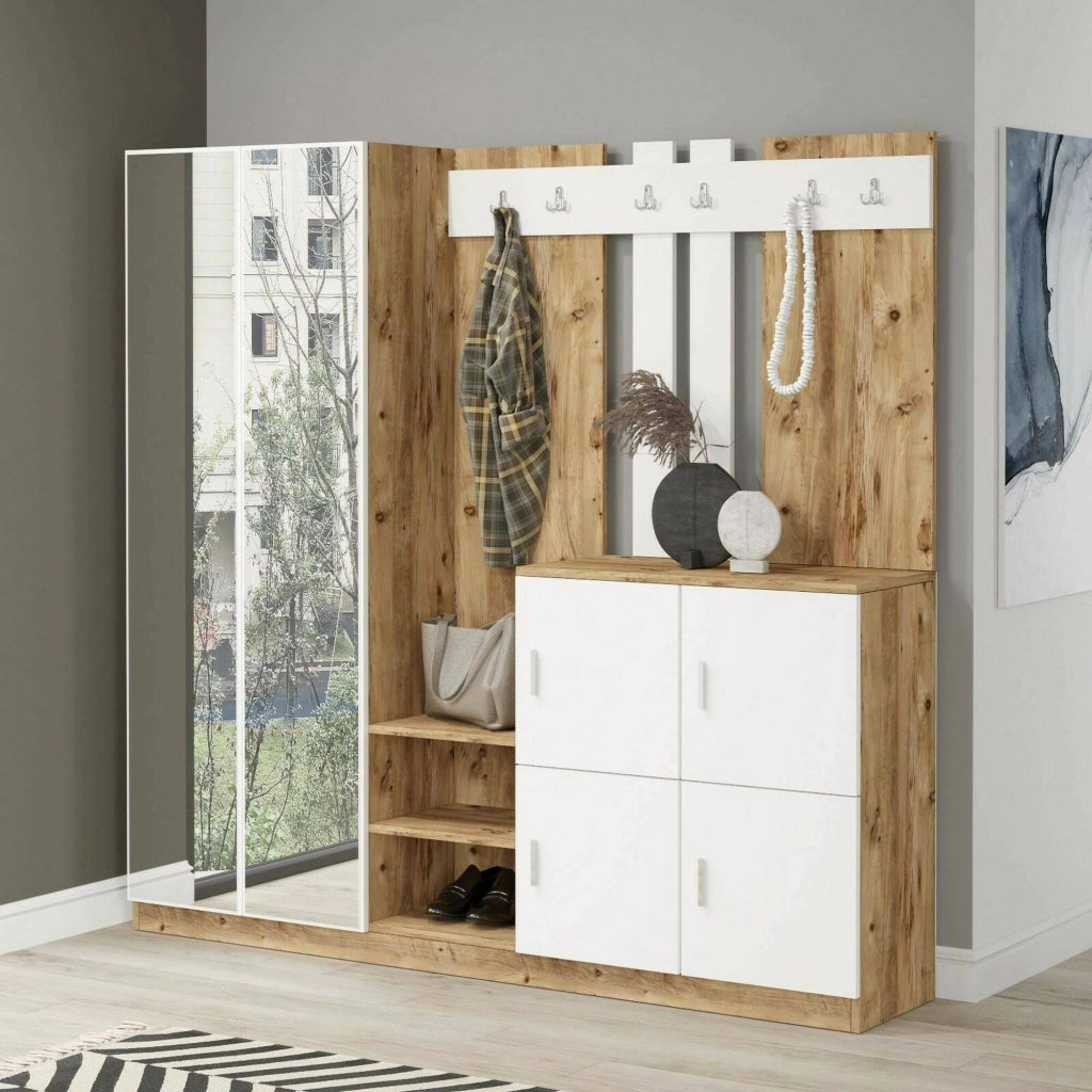 Mobile da ingresso Artin, Entratina appendiabiti, Composizione per atrio, Consolle portaoggetti multifunzione, 187x38h180 cm, Quercia e Bianco