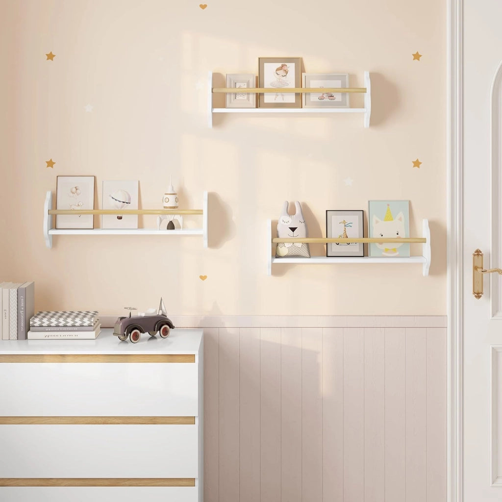 Libreria da Parete per Bambini, 3 Mensole per Cameretta, Porta Libri e Giocattoli, Libreria Sospesa in Pino e MDF, Bianco