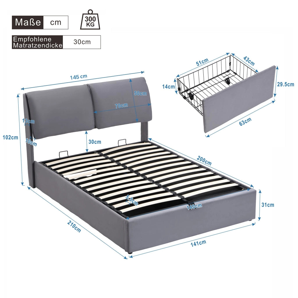 Letto imbottito 140x200 in velluto grigio con 3 cassetti, contenitore idraulico, rete a doghe e testiera regolabile