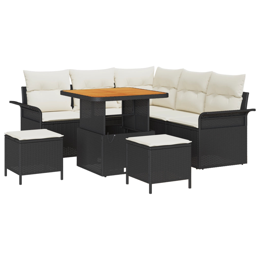 Set da giardino da 8 pezzi con cuscini Nero Polyrattan Acacia